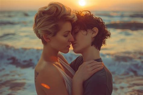 Premium Photo Happy Lesbian Couple Kissing On The Beach At Sunset