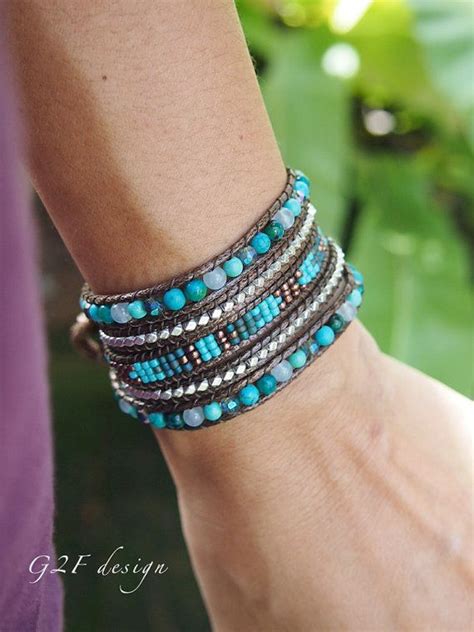 Turquoise Mix Wrap Bracelet On Brown Cord Seed Beaded Boho Wrap