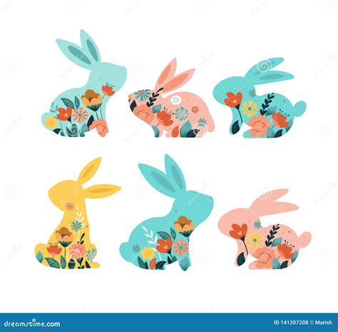 Happy Easter Vector Illustrations Of Bunnies Rabbits Icons Decorated With Flowers Stock Vector