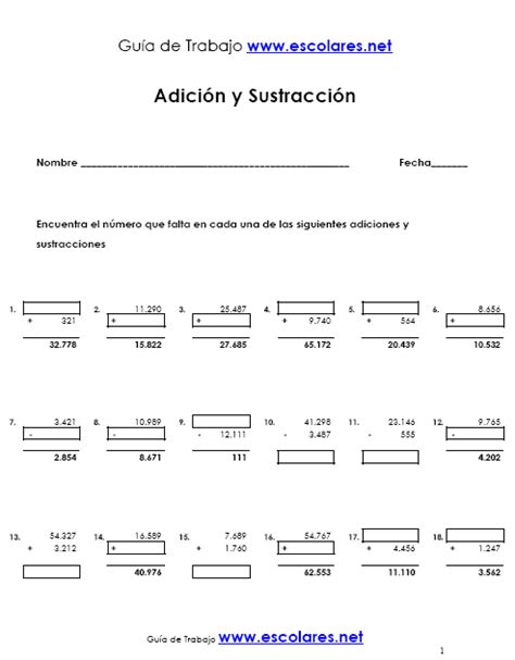 Guía 1 Adición Y Sustracción Matemáticas 5° Básico