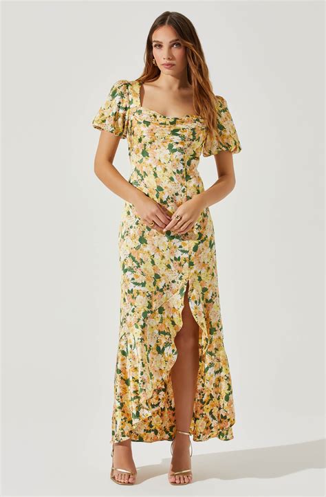 Dayanara Puff Sleeve Floral Maxi Dress Green Yellow Floral Xs Floral Dresses Long Yellow