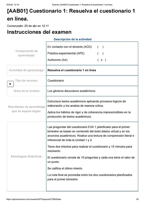 Examen Aab Cuestionario Resuelva El Cuestionario En L Nea