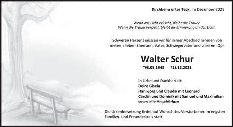 Trauer Walter Schur 18 12 2021 Teckbote Trauerportal