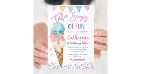 Three Scoops Of Fun 3rd Birthday Party Invitation Zazzle