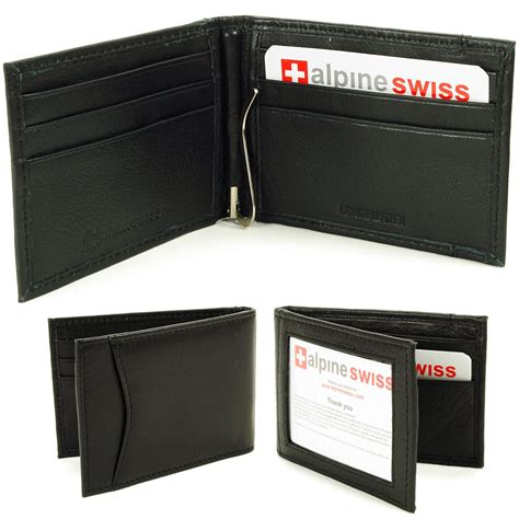 Alpine Swiss Mens Bifold Money Clip Spring Loaded Leather ID Front