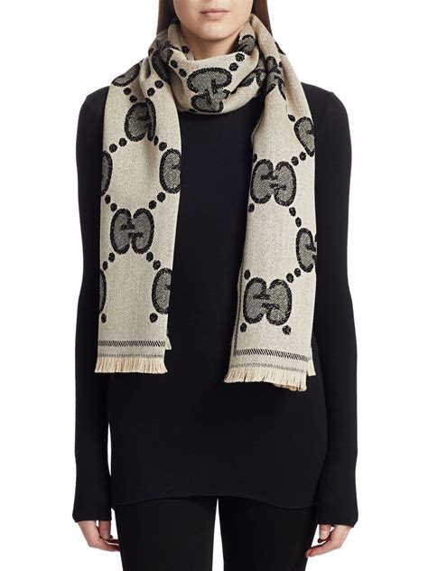 Gucci Gg Wool Jacquard Scarf In Black Ivory Black Lyst