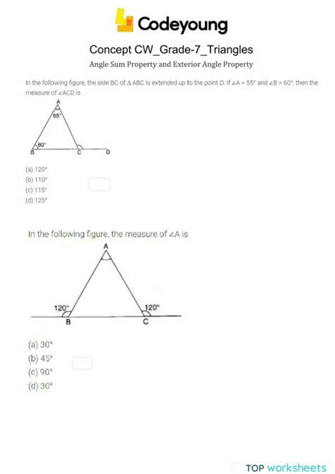 Angle Sum Property And Exterior Angle Property Concept Cw Interactive Worksheet Topworksheets