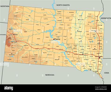 High Detailed South Dakota Physical Map With Labeling Stock Vector Image And Art Alamy