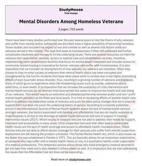 Mental Disorders Among Homeless Veterans Free Essay Example