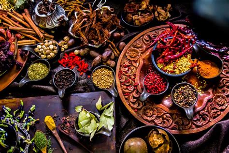 Top View Spices And Herbs Ingredient Decoration On Wood Table For Cook