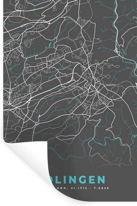 Muurstickers Plattegrond Solingen Blauw Stadskaart Kaart