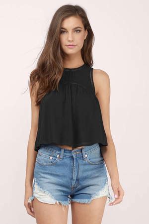 Cute Black Crop Top Ladder Trim Top Black Top Black Crop Top