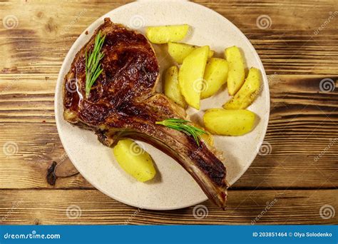 Filete De Costilla De Ternera Asada En Hueso Con Patatas Y Hierbas