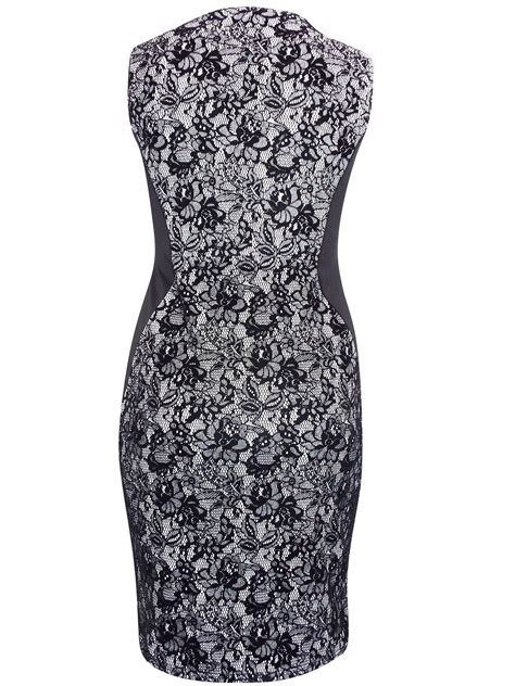 Praslin Praslin Black Bonded Lace Curvy Contrast Panel Illusion Pencil Dress Plus Size