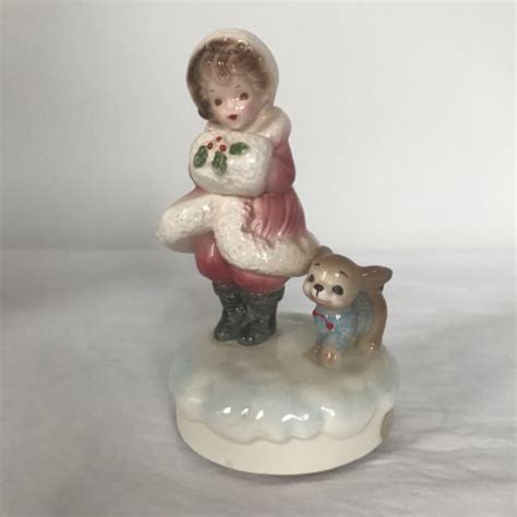 VTG RARE Josef Originals Christmas Girl/Dog Music Box Figurine "WHITE ...