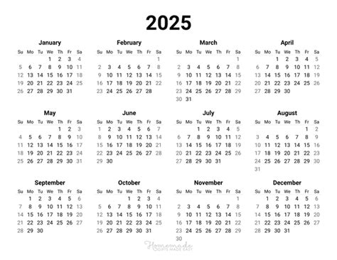 Free Printable Yearly Calendar For 2025 And Beyond