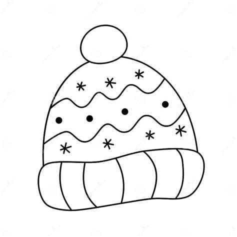 Knit Beanie Hat With Dots Snowflakes Stripes And Pompom Black And White Vector In Contour Line