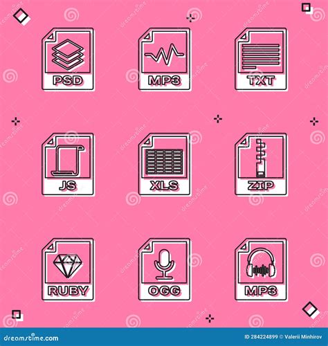 Set PSD File Document MP3 TXT JS XLS And ZIP Icon Vector Stock