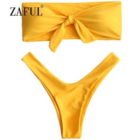 Zaful Bikini Knotted High Cut Bandeau Bikini Women Swimsuit Sexy