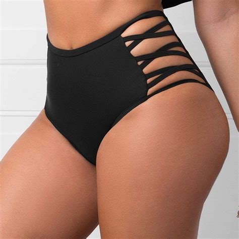 Colo Women Sexy Bikini Bottoms Lace Strappy Sides High Waisted Black