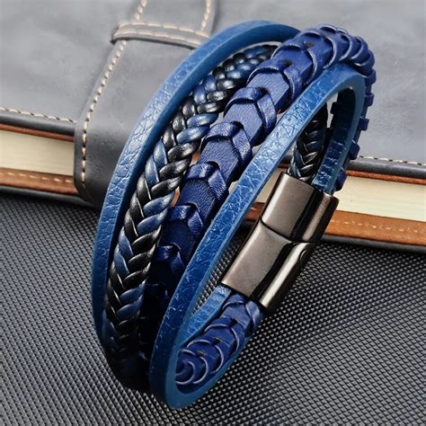 Corda Tran Ada Tecido Camadas De Couro Azul Masculino Pulseiras