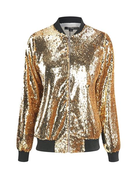 Womens Sparkle Mermaid Sequin Long Sleeve Zipper Front Bomber Jacket Gold Cb184xr80so Gold