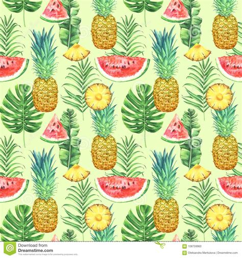 Seamless Pattern With Pineapples Watermelons And Tropical Leaves On