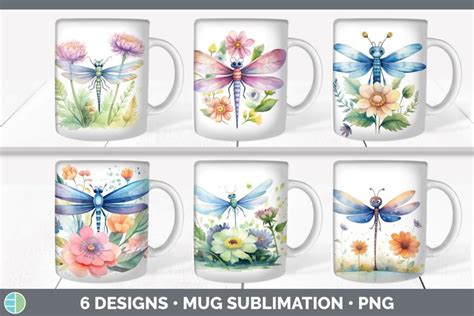 Watercolor Floral Dragonflies Mug Wrap Sublimation Coffee