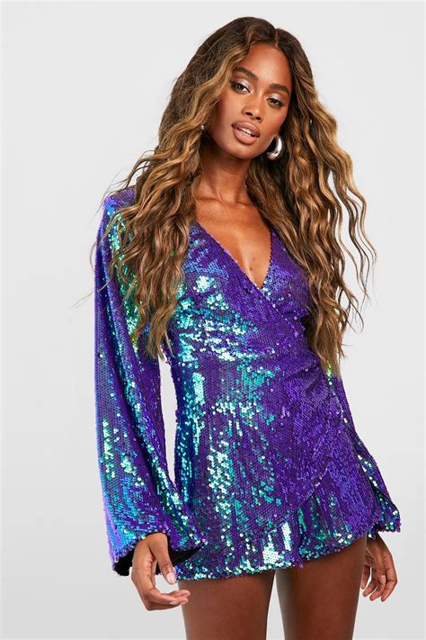 Sequin Flare Sleeve Wrap Romper