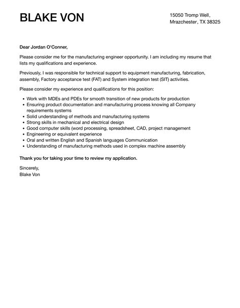 Manufacturing Engineer Cover Letter Velvet Jobs