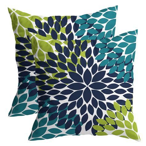 Kawani Green Navy Blue Teal Pillow Covers 16x16 In Dahlias Flowers Modern Farmhouse