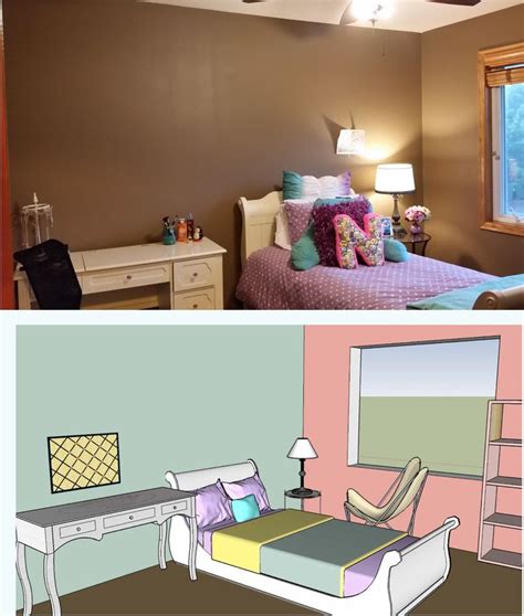 two different pictures of a bedroom, one with a bed and the other with ...