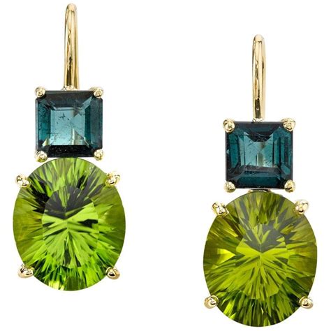 Peridot And Indicolite Tourmaline Drop Earrings In K Yellow Gold