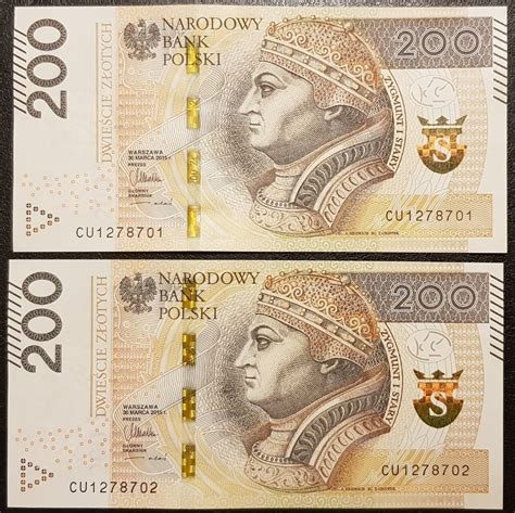 Banknoty 200 zł kolejne numery seria CU 2szt Częstochowa Kup