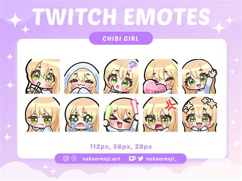 Cute Chibi Girl Emote Set For Twitch Discord Blonde Hair With Bangs Light Skin Green