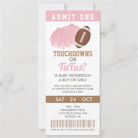 Touchdowns Or Tutus Gender Reveal Ticket Invitation Zazzle