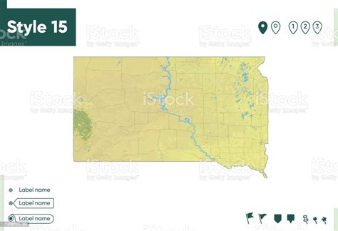 South Dakota Usa Map With Shaded Relief Land Cover Rivers Lakes