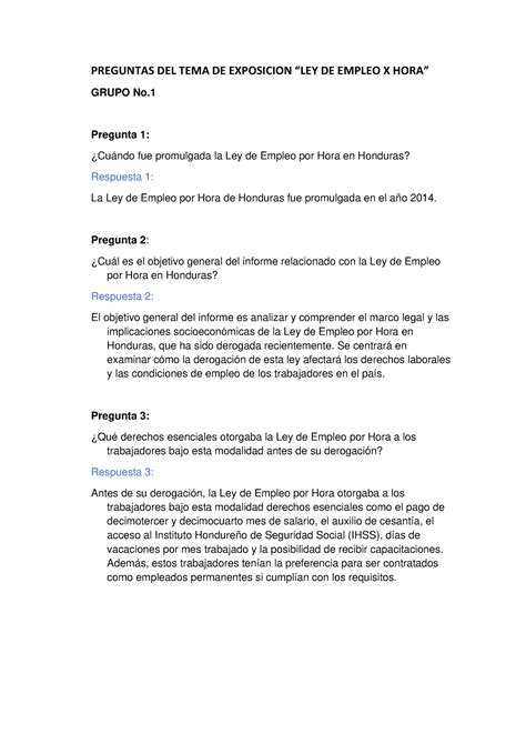 Preguntas Ley De Empleo Por Hora PREGUNTAS DEL TEMA DE EXPOSICION