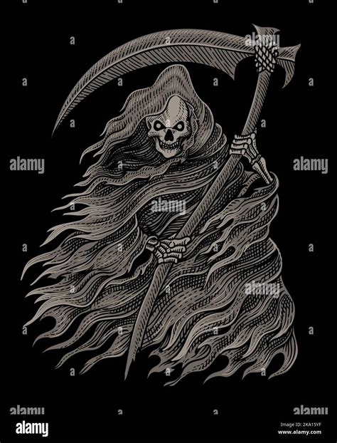 Illustration Scary Grim Reaper With Vintage Engraving Style Stock