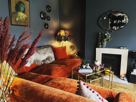 Vintage Eclectic Decor with Orange Velvet Sofa