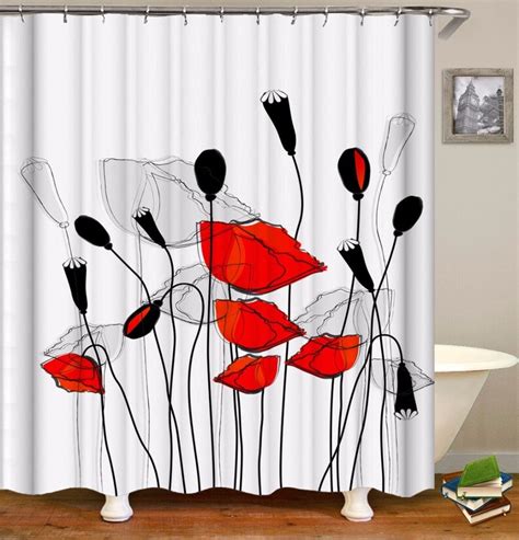 Poppy Shower Curtain Poppies Fabric Bath Curtain Red Flower Etsy