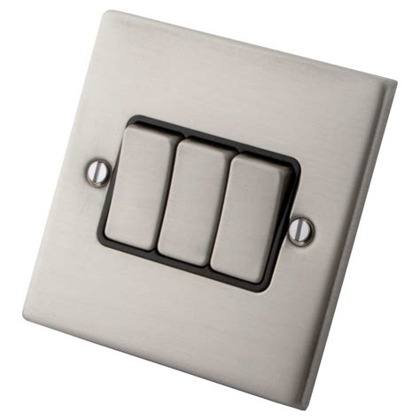 M2 10a 3 Gang 2 Way Light Switch Metal Black Insert Brushed Stainless Steel M2bs3ls2mbk Cef