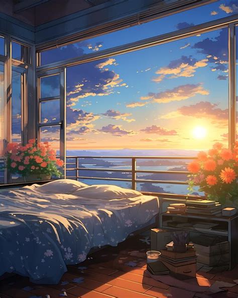 Premium Photo | Anime Painting of a Bedroom with Flowers