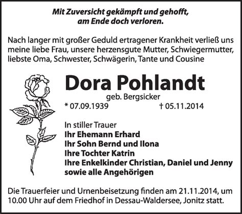 Traueranzeigen Von Dora Pohlandt Abschied Nehmen De