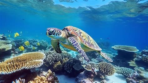 Premium AI Image | A turtle swims past a coral reef