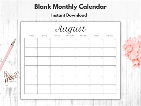 Monthly Blank Calendar, Printable Calendar Template, Horizontal ...