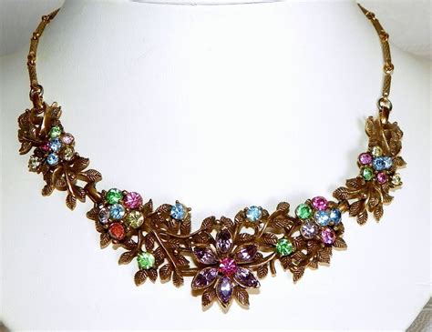 Vintage Pastel Rhinestone Antiqued Gold Tone Metal Necklace Metal