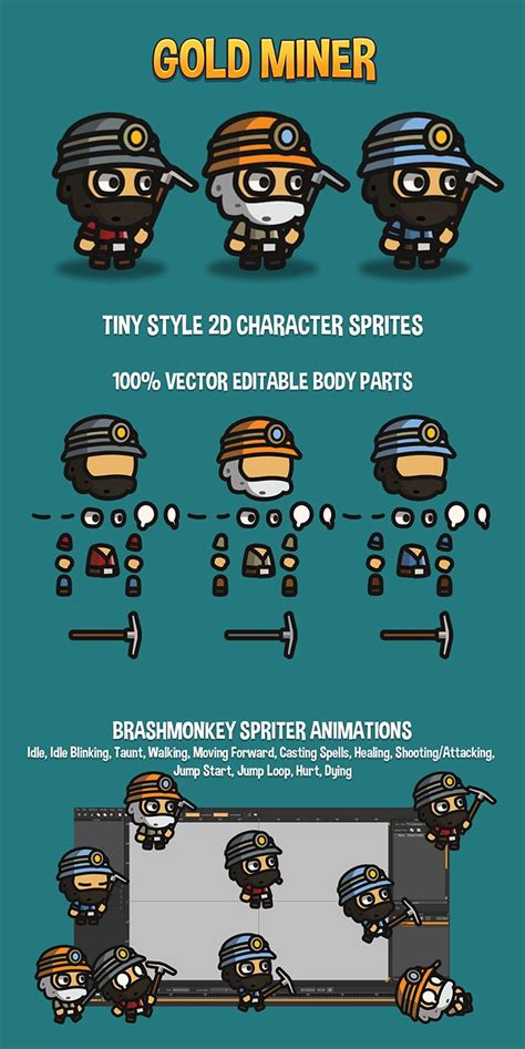 Gold Miner Tiny Style 2D Character Sprites - CraftPix.net | Jeux video ...