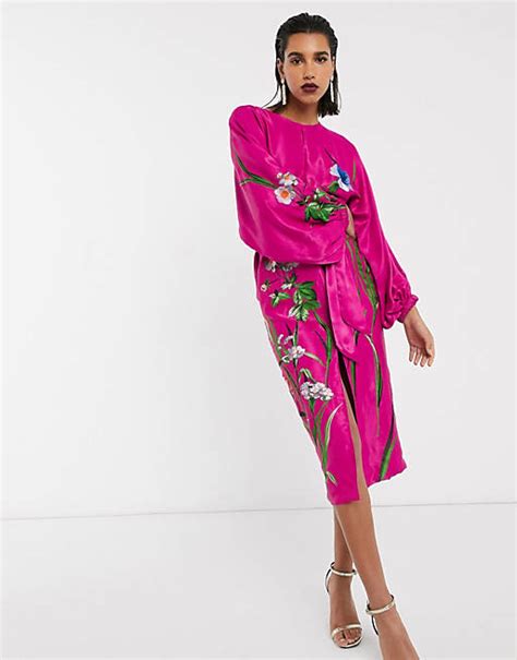 Asos Edition Floral Embroidered Belted Midi Dress In Satin Asos