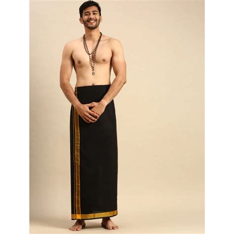 Mens Sabari Black Dhoti With Fancy Border Yellow Send Indian Sweets